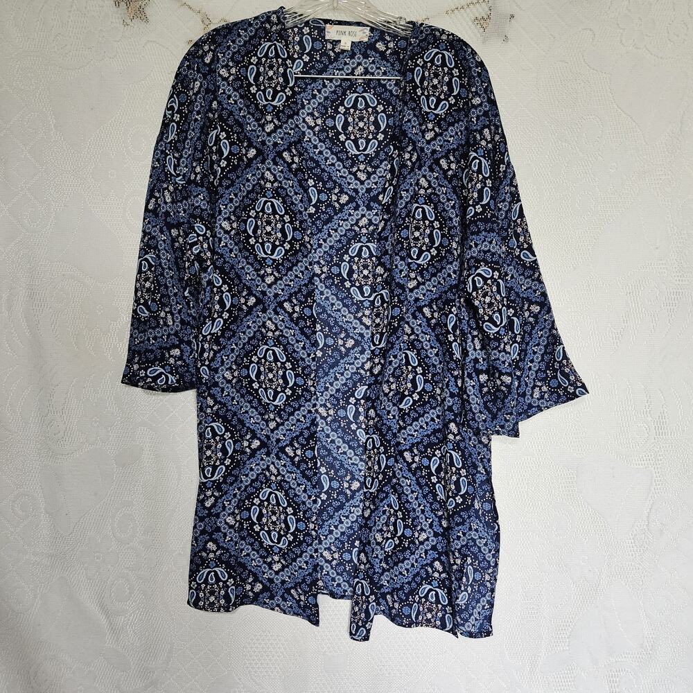 Pink Rose Blue Large Geometric Paisley Patchwork Pattern Open Front Kimono Boho